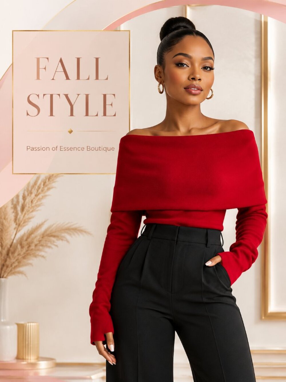 Red Off-Shoulder Foldover Sweater Top Elegant Fall Style